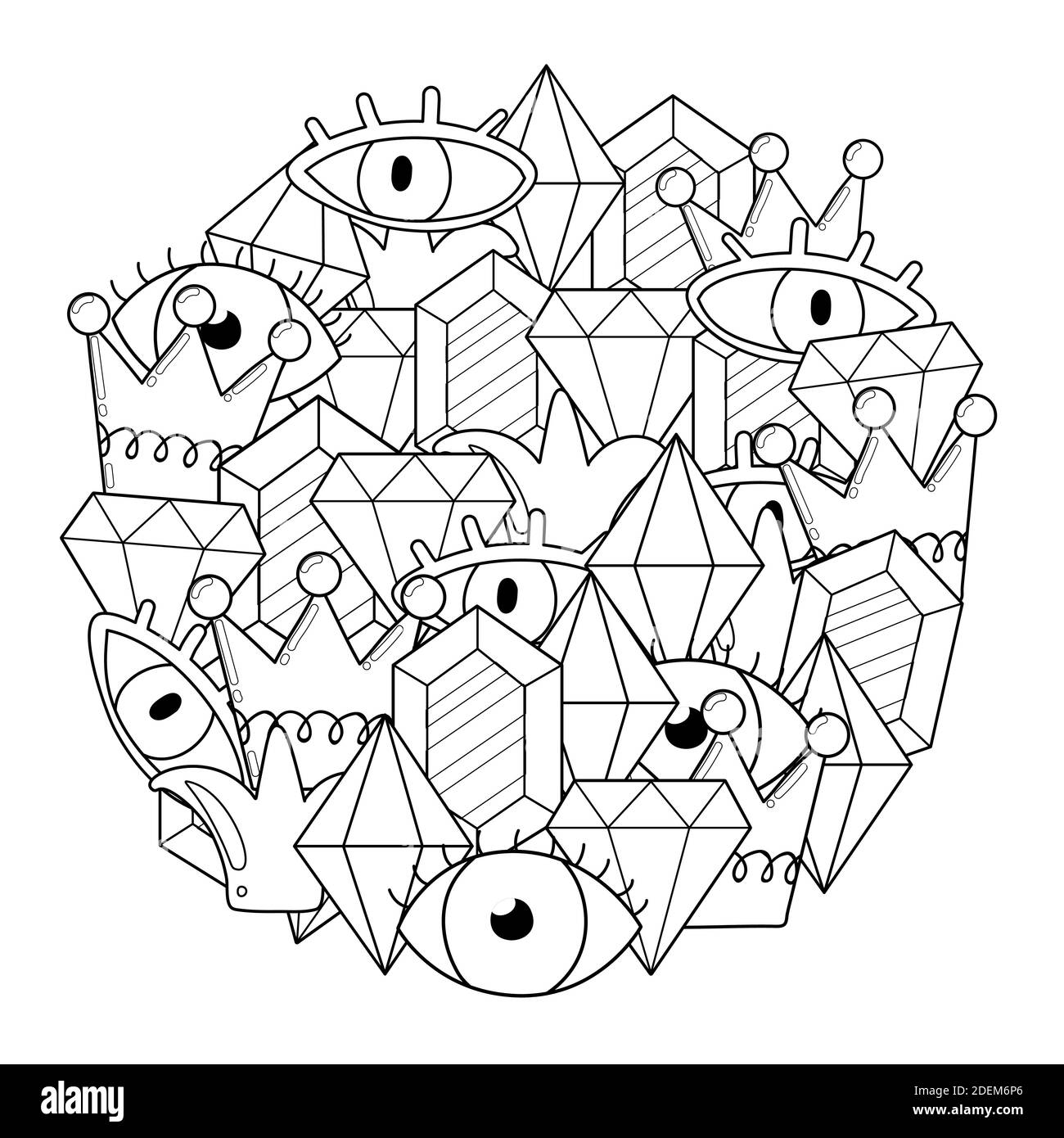 Circle Form Malseite mit Kristallen und Augen. Geheimnisvolles Doodle Mandala Stock Vektor