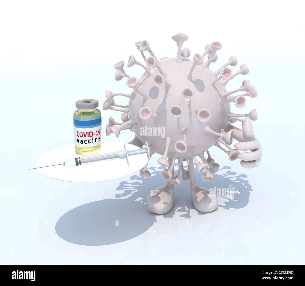 Die Virus-Bakterien Cartoon mit covid Impfstoff und Spritze auf einer Schale, 3d-Illustration Stockfoto
