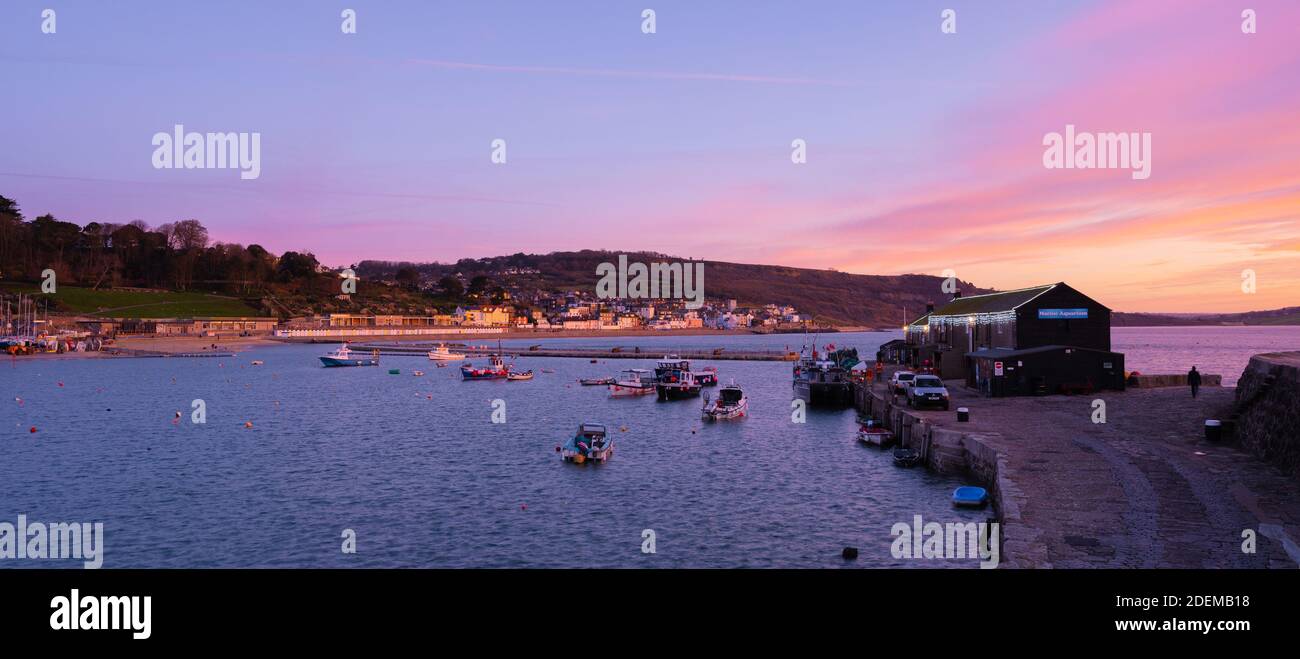 Lyme Regis, Dorset, Großbritannien. Dezember 2020. UK Wetter: Wunderschöne Morgenfarben über dem historischen Cobb, da der Dezember zu einem kalten und winterlichen Start ausbricht. Die Weihnachtslichter entlang der Cobb funkeln hell, während die Weihnachtszeit beginnt. Kredit: Celia McMahon/Alamy Live Nachrichten Stockfoto