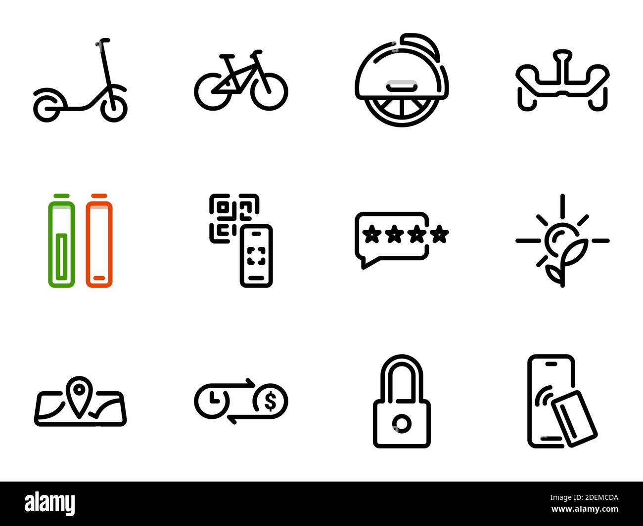 Satz schwarzer Vektorsymbole, isoliert vor weißem Hintergrund. Illustration zu einem Thema Mietservice Stock Vektor