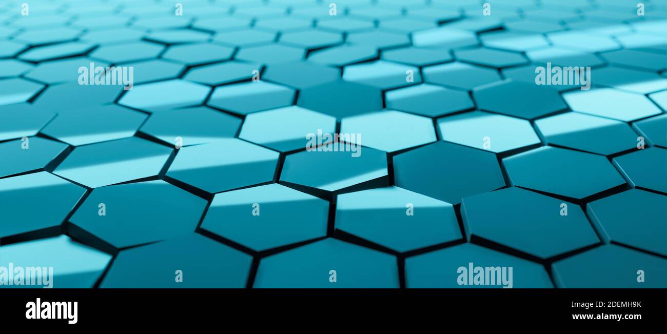 Abstrakter blauer Hintergrund, Sechsecke oder Waben, 3D CGI Rendering, sechseckige Tapete, Netzwerk-Verbindungskonzept, geometrische Illustration Design Stockfoto