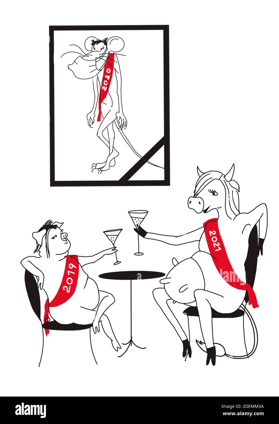 Absehen 2020. Ein Schwein und eine Kuh trinken Champagner unter einem Trauerbild einer Ratte. Lustiges Postkartenposter Stockfoto