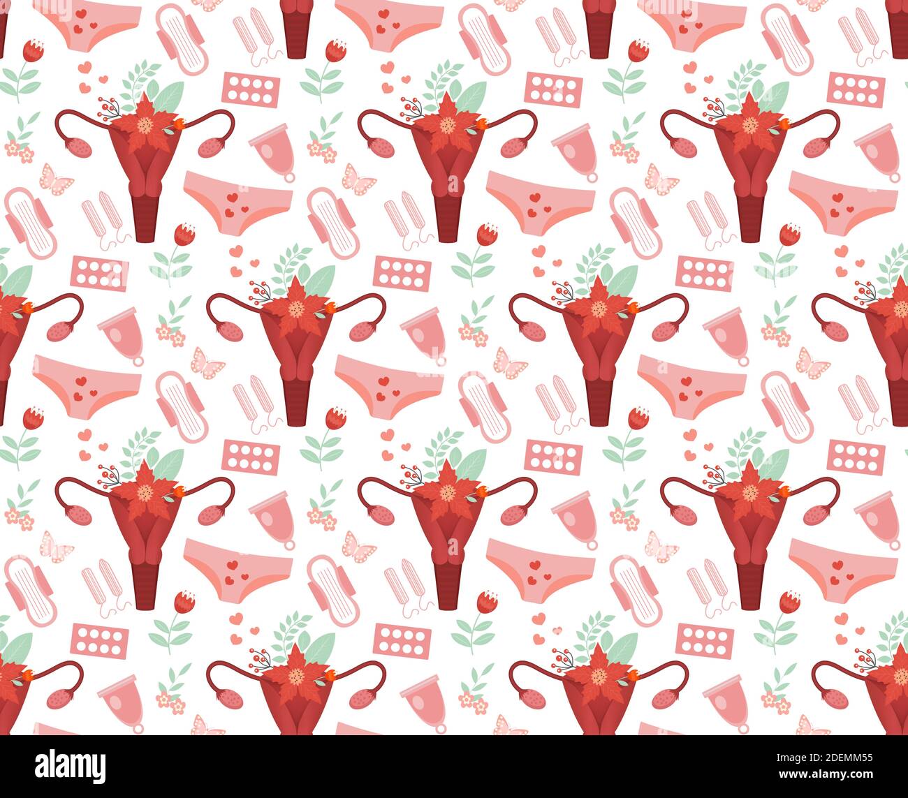Weibliche Menstruation Periode nahtlose Muster. Pads, Tampons, Gebärmutter mit Blumen wiederholen Textur. Vektorgrafik. Menstruationsschutz, weiblich Stock Vektor