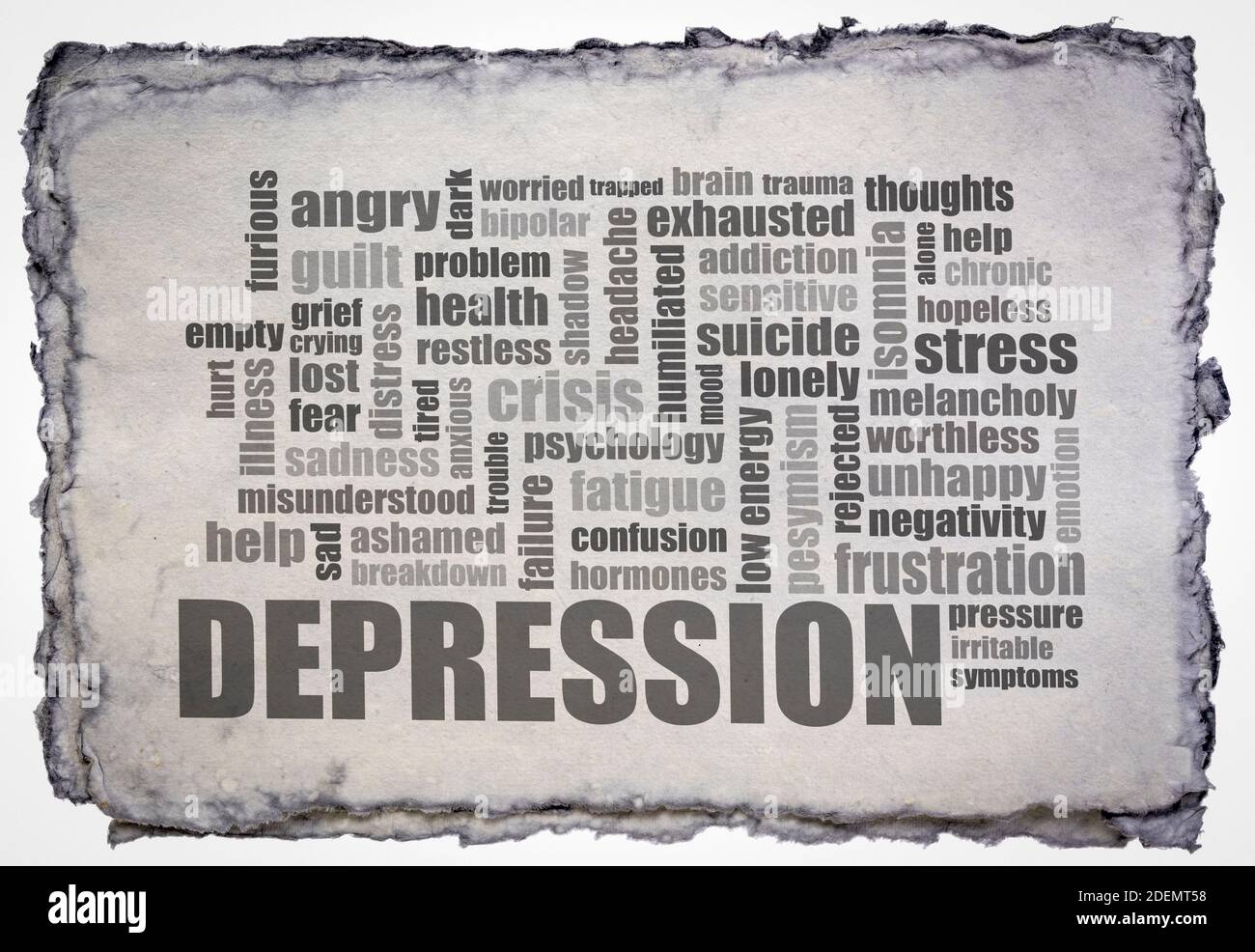 Depression Wortwolke auf einem grau getönten handgefertigten Papier, Wohlbefinden und psychische Gesundheit Konzept Stockfoto