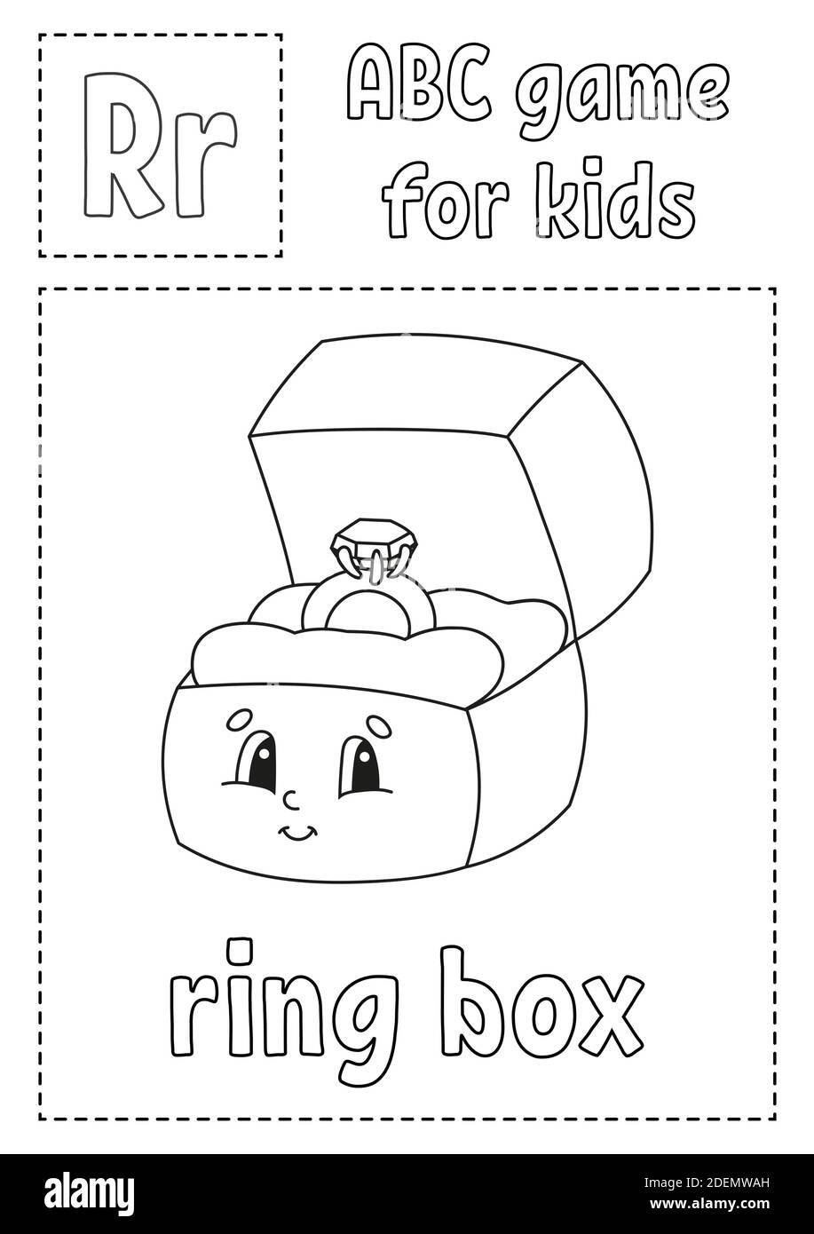 Der Buchstabe R ist für den Ringkasten. ABC-Spiel für Kinder. Alphabet Malseite. Zeichentrickfigur. Wort und Buchstabe. Vektorgrafik. Stock Vektor