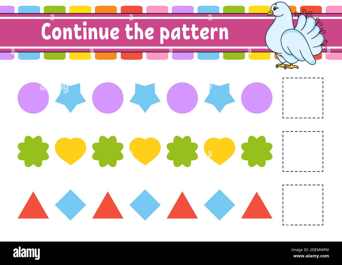 Das Muster fortsetzen. Arbeitsblatt zur Entwicklung von Schulungen. Spiel für Kinder. Aktivitätsseite. Puzzle für Kinder. Rätsel für Vorschule. Flach isolierter Vektor il Stock Vektor
