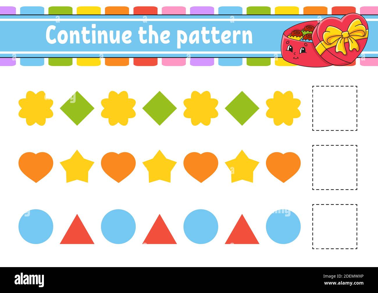 Das Muster fortsetzen. Arbeitsblatt zur Entwicklung von Schulungen. Spiel für Kinder. Aktivitätsseite. Puzzle für Kinder. Rätsel für Vorschule. Flach isolierter Vektor il Stock Vektor