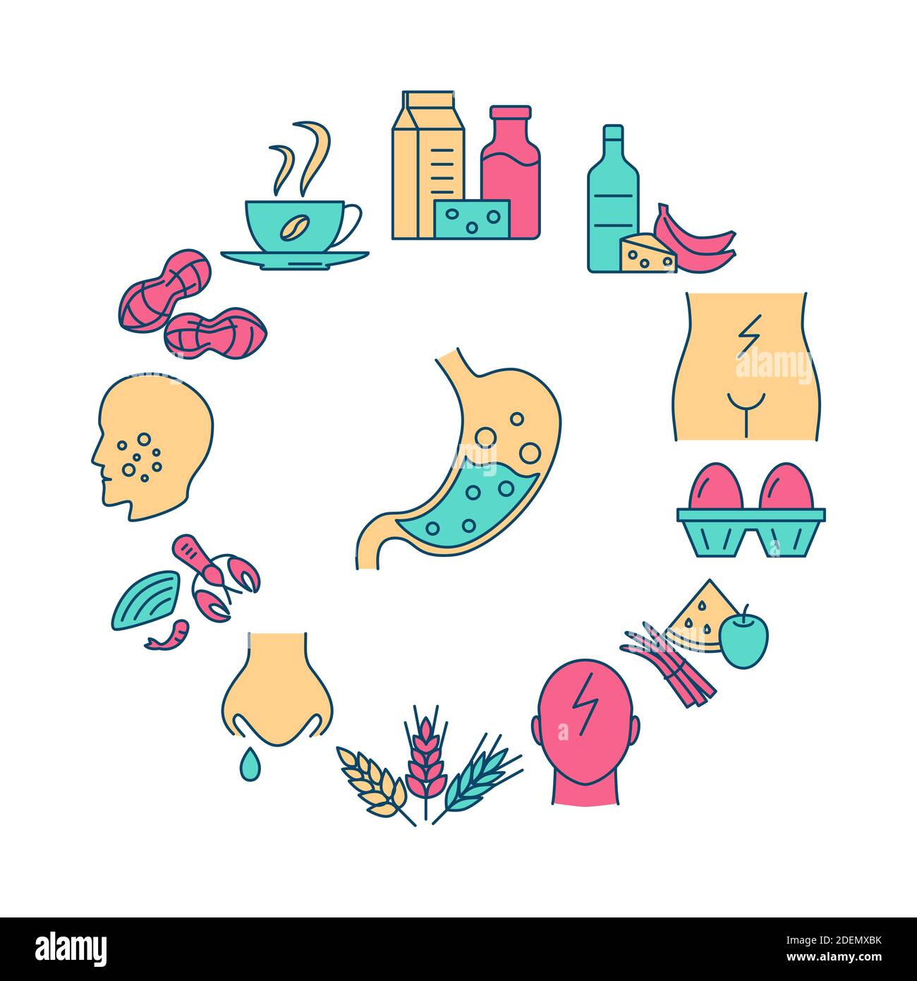 Food Intoleranz rundes Konzept Banner in farbigen Linien Stil. Medizinisches Poster mit Allergiesymptomen und Produktsymbolen. Vektorgrafik. Stock Vektor
