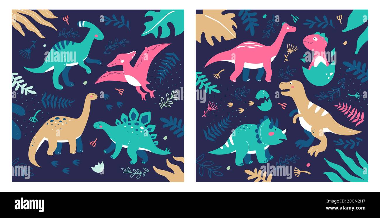 Verschiedene Dinosaurier - Satz von flachen Design-Stil Illustrationen mit niedlichen Comic-Figuren, Dinos. Sammlung ausgestorbener Tiere, Ornitosaurus, T-rex, Stock Vektor