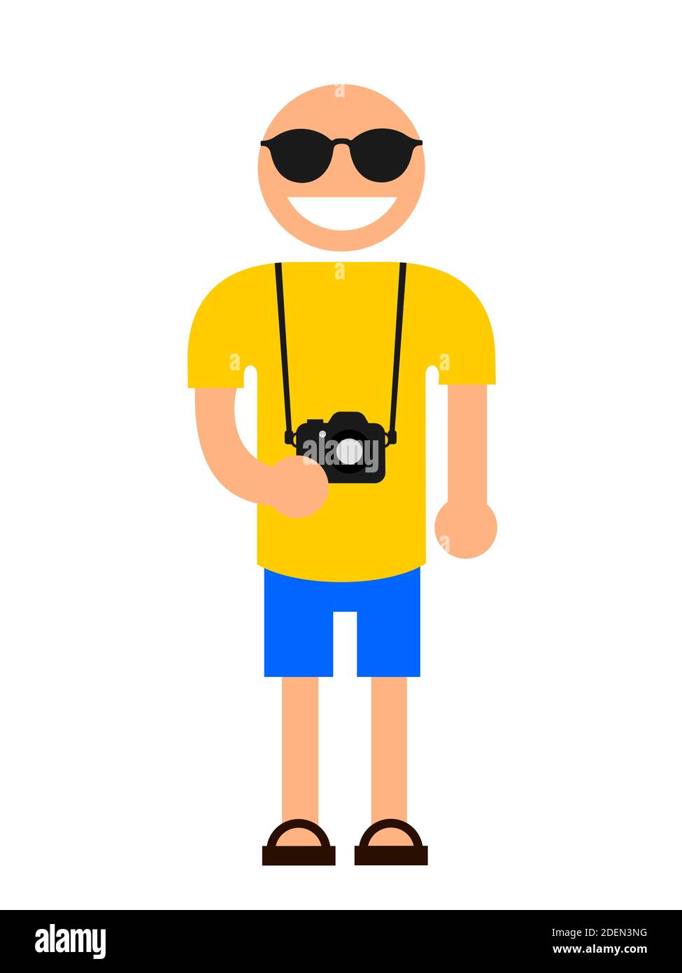 Fröhlicher Tourist genießt seinen Urlaub während der Besichtigung - Mann hält Kamera und trägt legere touristische Sommerkleidung und Sonnenbrille. Vektorgrafik Stockfoto