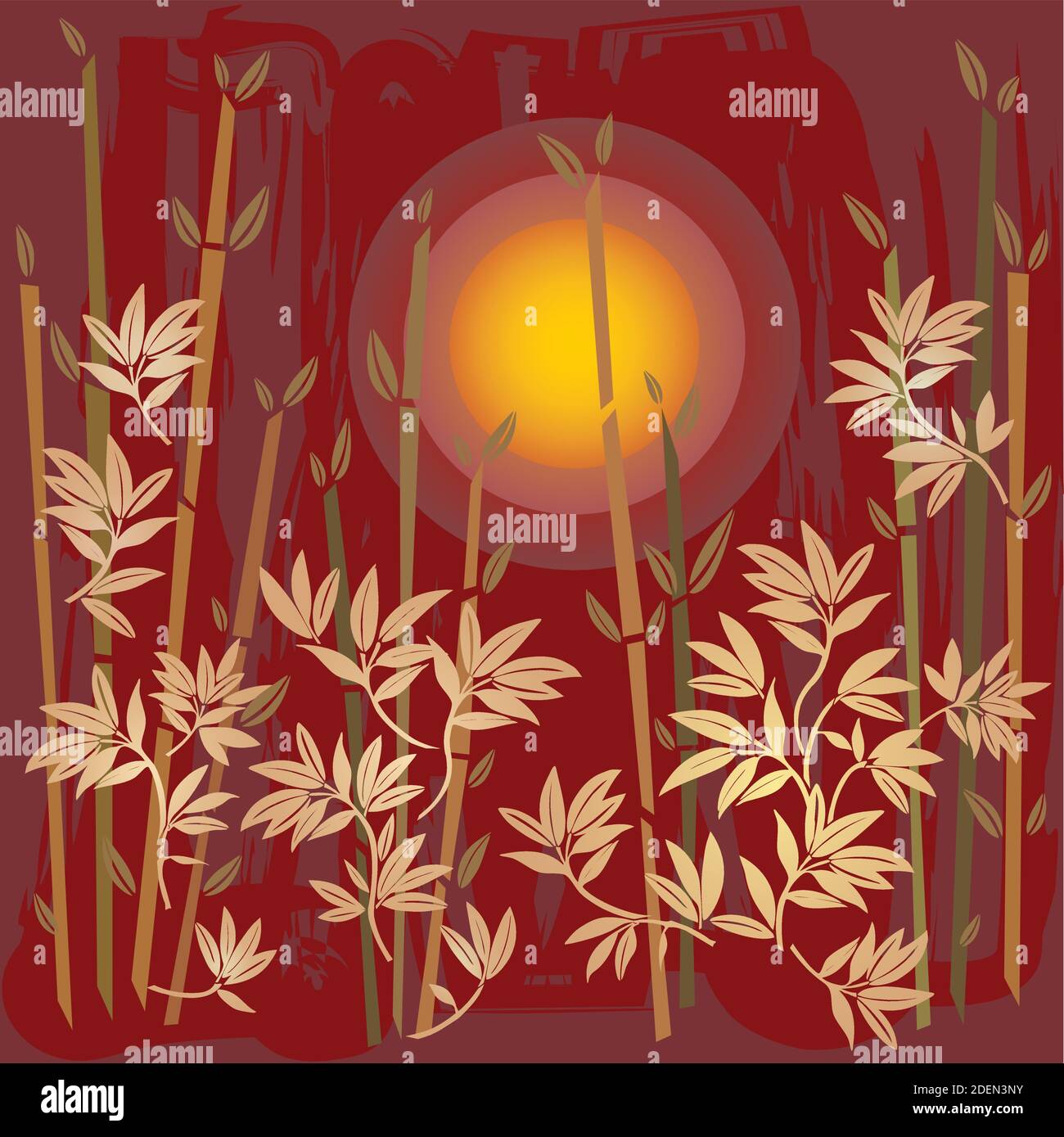Asiatische Landschaft Sonnenuntergang Illustration mit Bamboos in Rot und Gold Farben - Garten-Design Stock Vektor