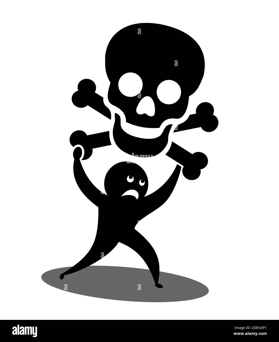 Probleme, Schwierigkeiten und Schwierigkeiten im Zusammenhang mit Tod, Sterben und Sterblichkeit. Sterbliche Person hält Schädel und Knochen. Stockfoto