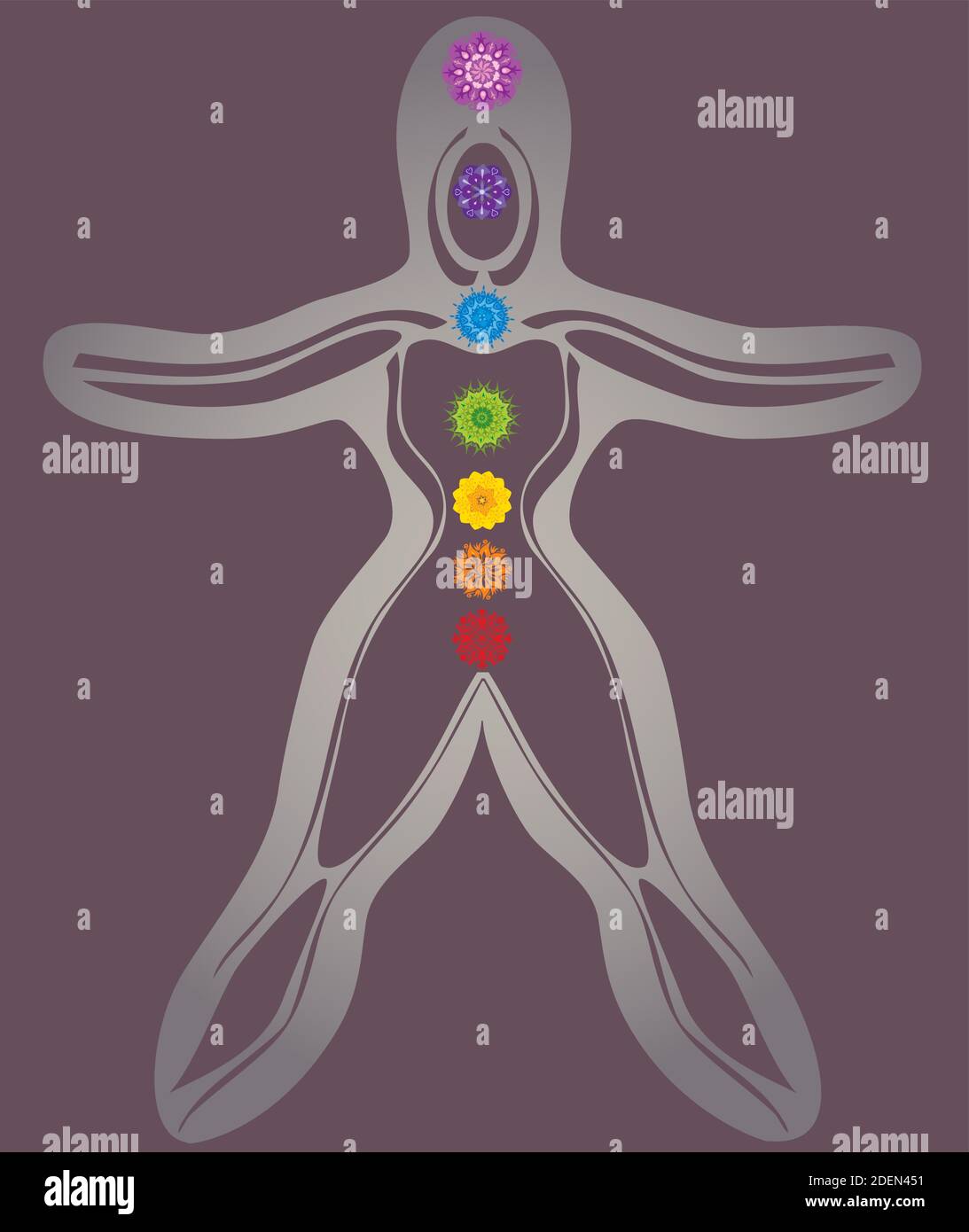 7 Körper Chakras mit Mandalas auf dunklem Hintergrund - Regenbogen Farben Stock Vektor