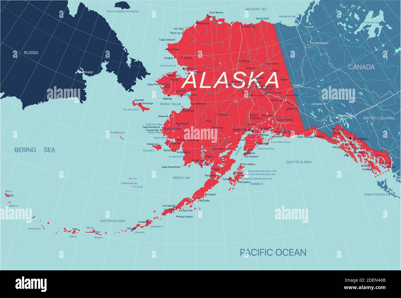 Alaska State politische Karte der Vereinigten Staaten mit Hauptstadt Juneau, Landesgrenzen, Städte und Gemeinden, Flüsse und Seen. Vector EPS-10-Datei, Trendin Stock Vektor