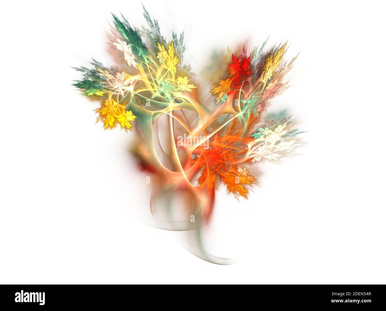 Farbiges, abstraktes, fraktales Bild auf weißem Hintergrund. Mischfarben auf Leinwand. Explosion, Blätter, Pflanze, Blumen Tapete, Hintergrund. Stockfoto