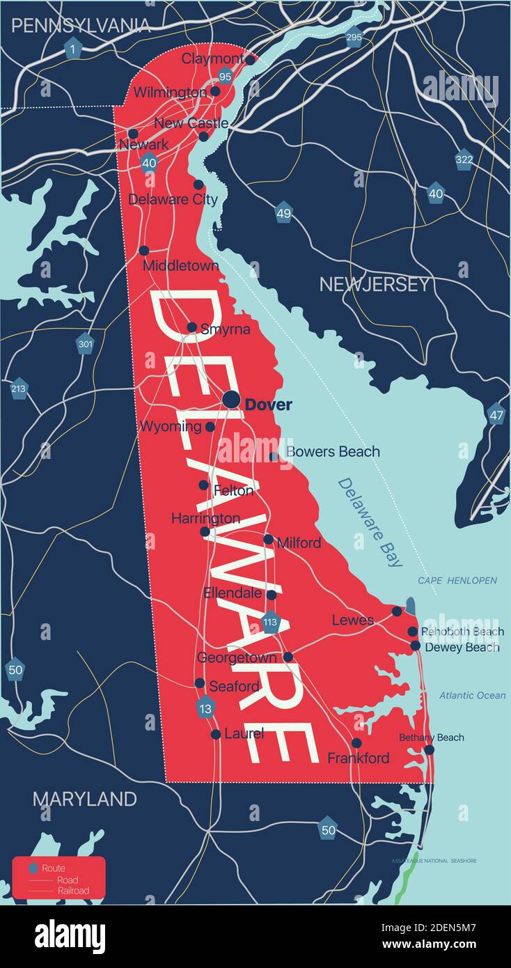 Delaware State detaillierte editierbare Karte mit Städten und Städten, geografischen Standorten, Straßen, Eisenbahnen, Autobahnen und US-Autobahnen. Vector EPS-10-Datei, Stock Vektor