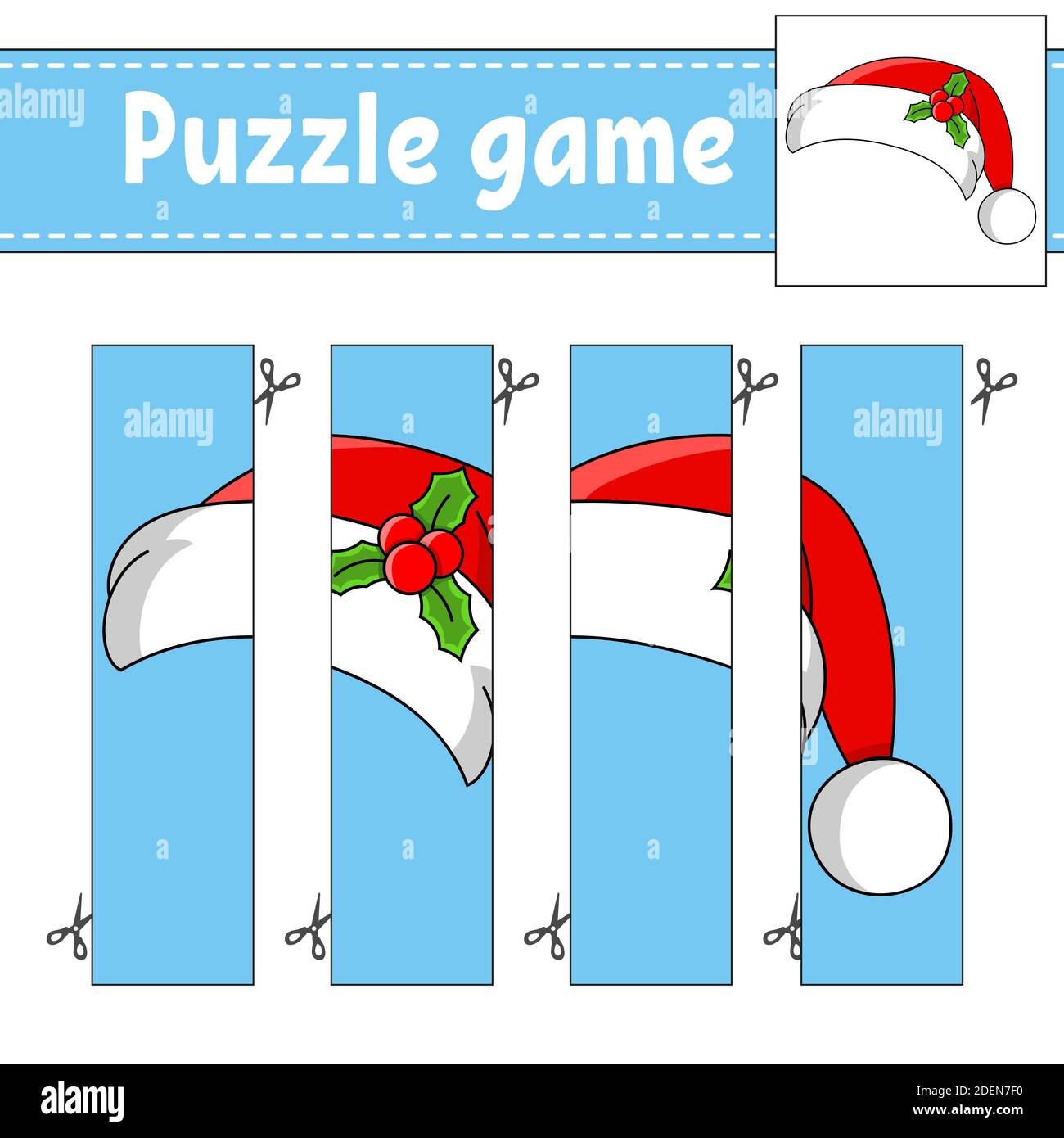 Puzzle-Spiel für Kinder. Schneidverfahren. Weihnachtsthema. Arbeitsblatt zur Entwicklung von Schulungen. Aktivitätsseite. Zeichentrickfigur. Stock Vektor