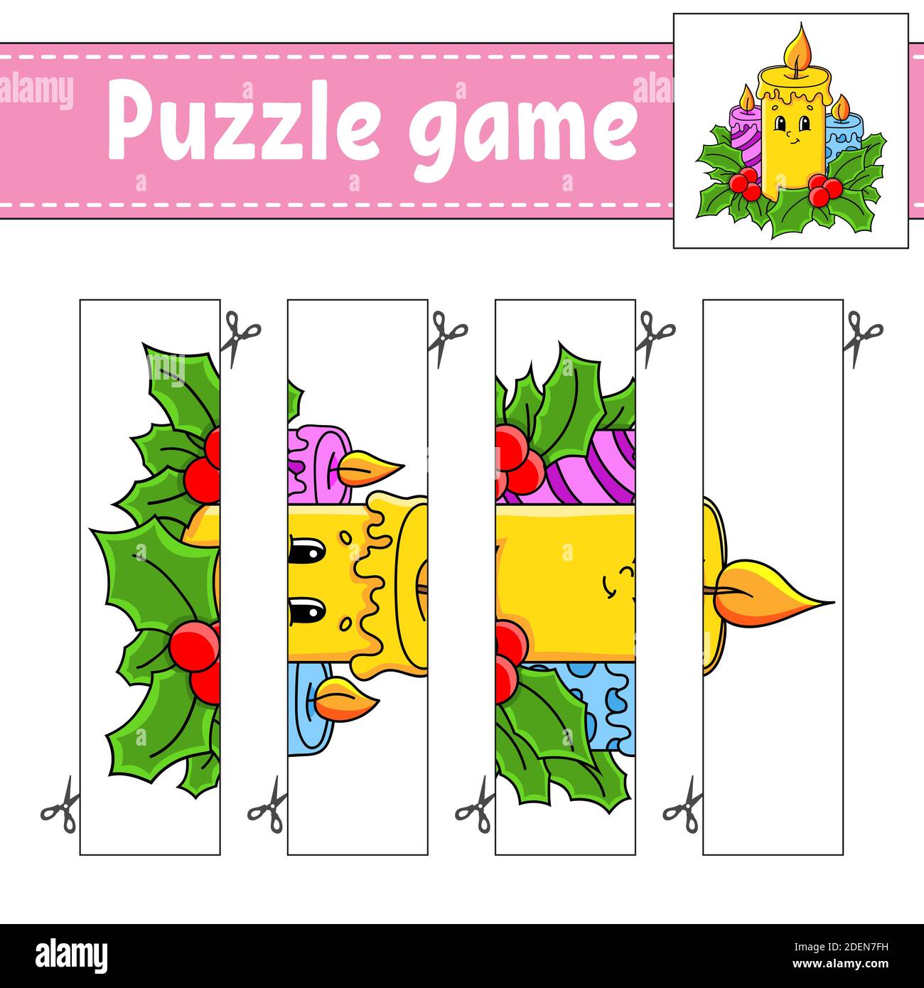 Puzzle-Spiel für Kinder. Schneidverfahren. Weihnachtsthema. Arbeitsblatt zur Entwicklung von Schulungen. Aktivitätsseite. Zeichentrickfigur. Stock Vektor