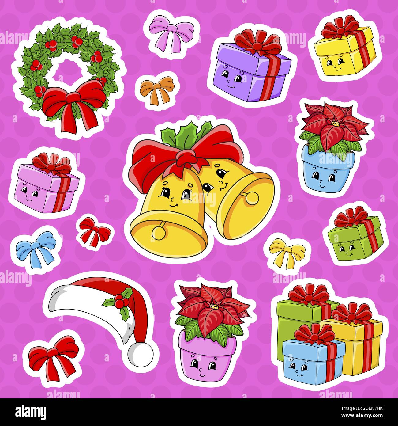 Set von Aufklebern mit niedlichen Comic-Figuren. Weihnachtsthema. Von Hand gezeichnet. Bunte Packung. Vektorgrafik. Patch Badges Kollektion. Etikettendesign e Stock Vektor