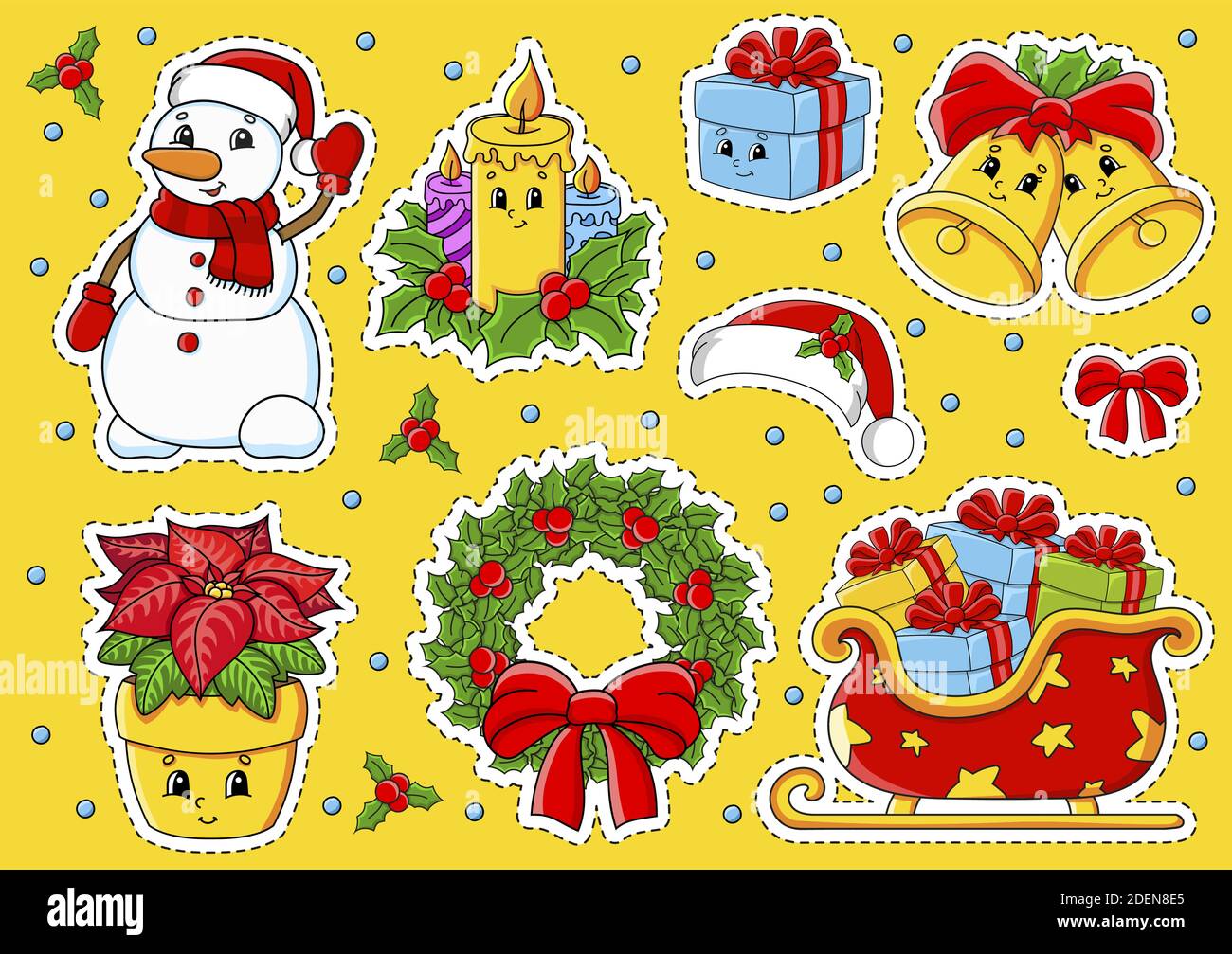 Set von Aufklebern mit niedlichen Comic-Figuren. Weihnachtsthema. Von Hand gezeichnet. Bunte Packung. Vektorgrafik. Patch Badges Kollektion. Etikettendesign e Stock Vektor