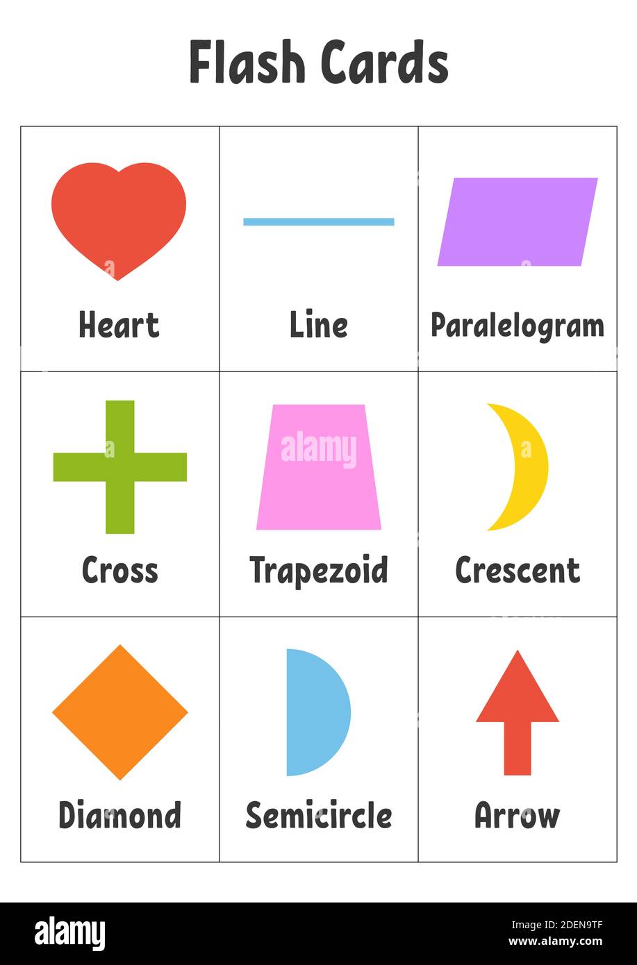 Flash-Karten. Lernformen. Arbeitsblatt zur Entwicklung von Schulungen. Aktivitätsseite für Kinder. Farbe Spiel für Kinder. Vektorgrafik. Cartoon-Stil. Stock Vektor