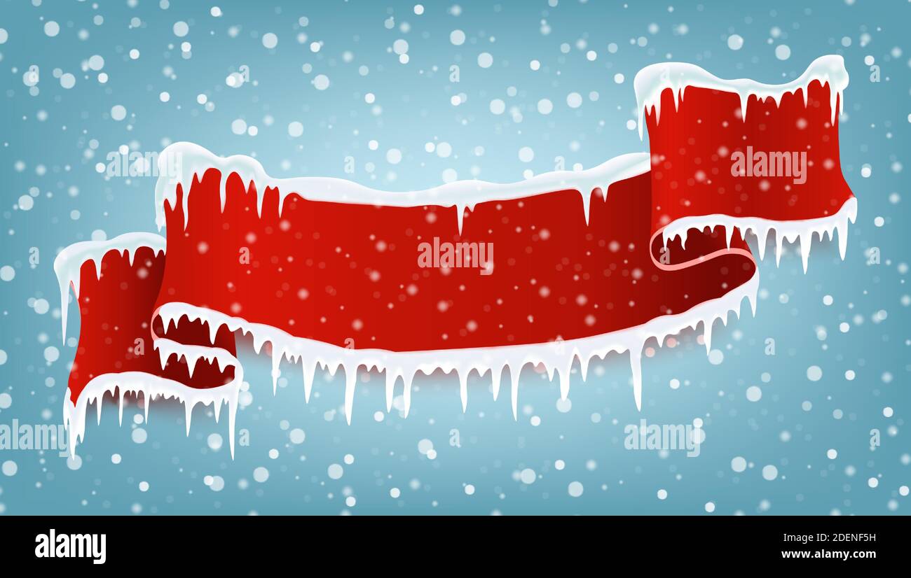 Rot realistische Ribbo mit Winter Eiszapfen und fallendem Schnee. Platz für Text Weihnachtsbanner. Vektorgrafik Stock Vektor