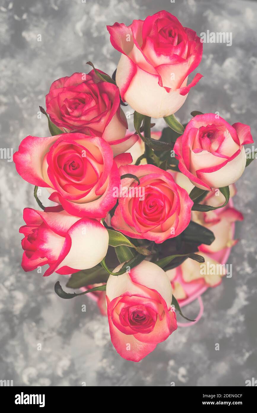 Rot weiß Rosenblütenstrauß auf Stein Tisch. Das Konzept einer Postkarte zum Muttertag, 8. März, dem heiligen Valentinstag oder Geburtstag. Getöntes Foto Stockfoto