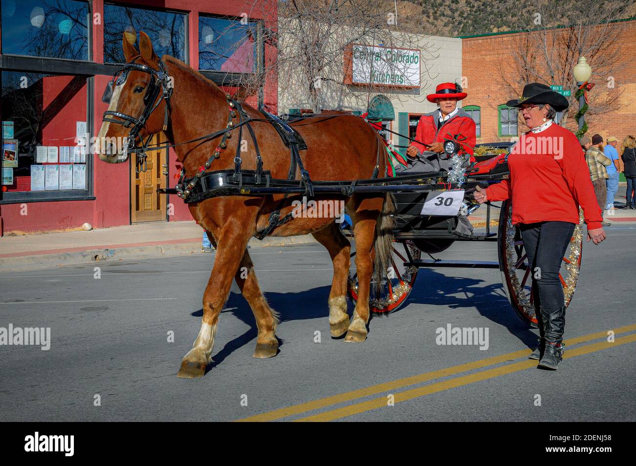 Eine Frau reitet in einer Pferdekutsche, während ihr Kumpel bei der Winter Equine Parade in Buena Vista, Colorado, an der Seite läuft. Stockfoto