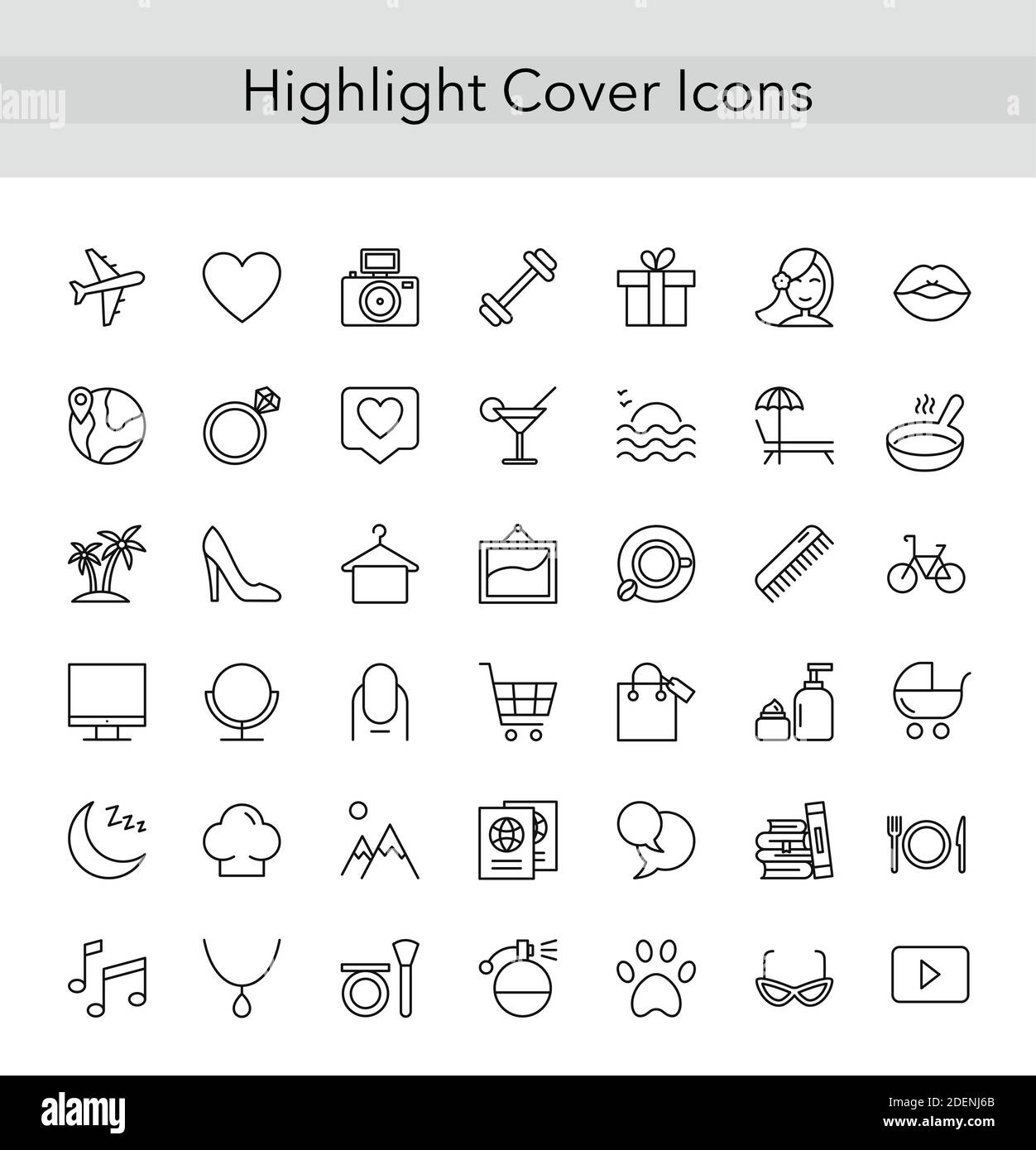 Social-Media-Sammlung dünne Linie Symbole für Highlights deckt, weibliche Konto, Blogger Geschichten, Lifestyle-Mode-Elemente, Essen und Reisen. Highlight Stock Vektor