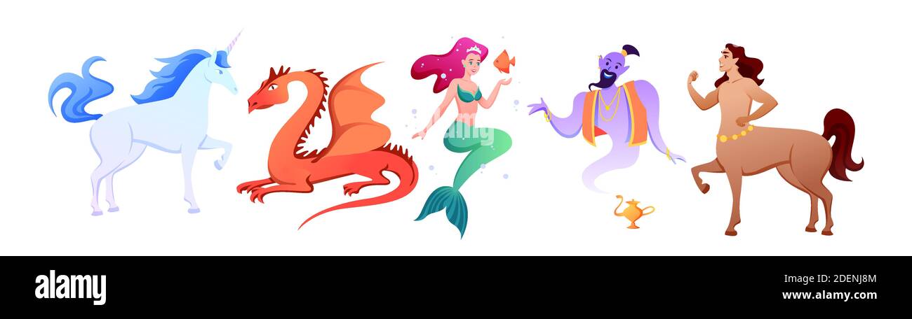 Cartoon Mythologie Sammlung mit Mythos Märchen-Charaktere, fantastische Tiere und Monster, Meerjungfrau Zentaur Einhorn Genie phoenix isoliert auf weiß. Stock Vektor