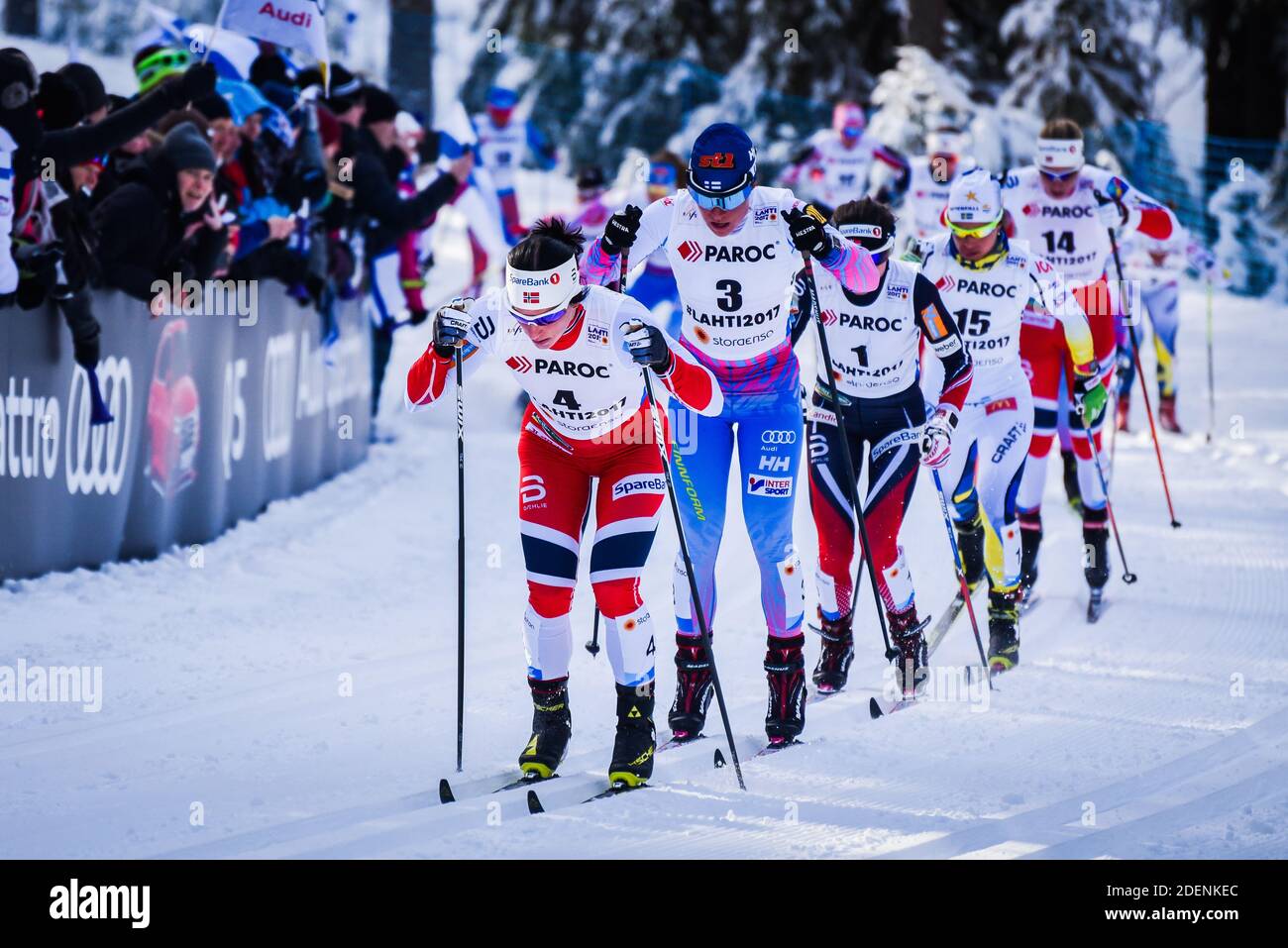 Marit Bjørgen (Bjorgen, Bjoergen), norwegisches Damen-Ski-Team, tritt 2017 bei den FIS Nordischen Skiweltmeisterschaften in Lahti, Finnland, im Skisathlon an. Stockfoto