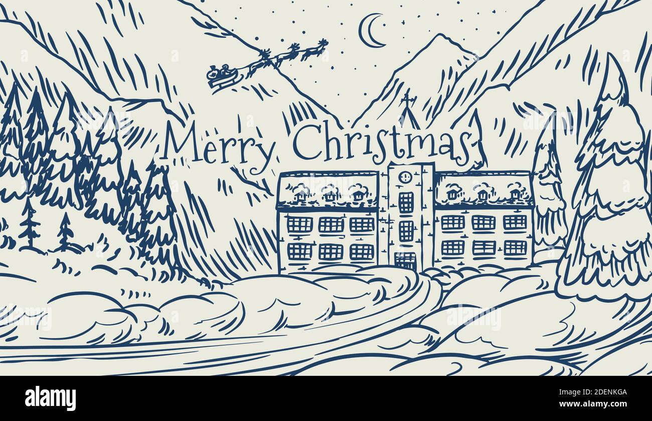 Winterlandschaft mit Bergen und Schnee. Weihnachtswald mit Tannen und Schloss. weihnachtsmann auf einem Schlitten mit Rentieren am Himmel. Von Hand gezeichnet Stock Vektor