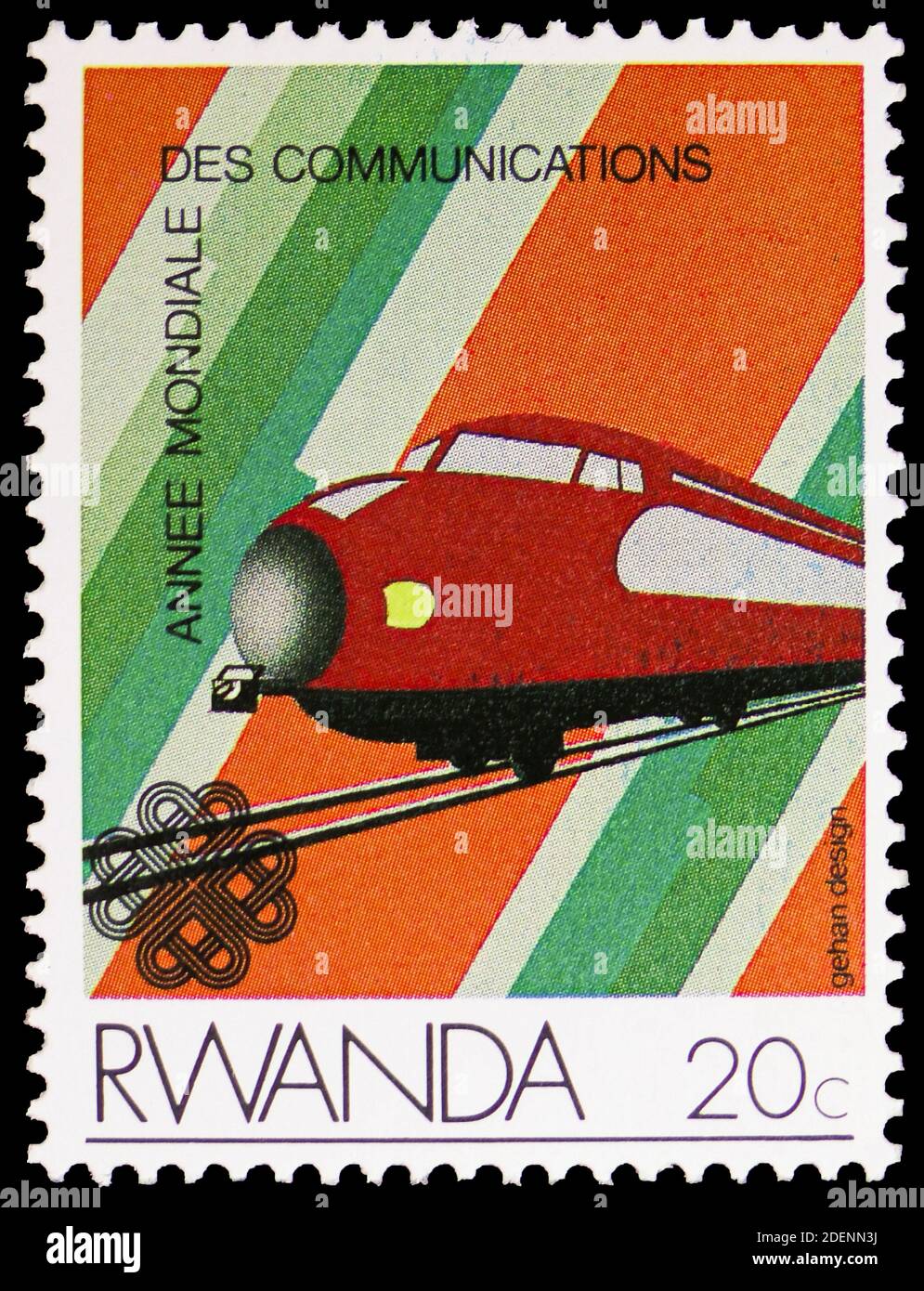 MOSKAU, RUSSLAND - 28. JUNI 2020: Briefmarke gedruckt in Ruanda zeigt Zug, World Communications Year, Serie, um 1984 Stockfoto