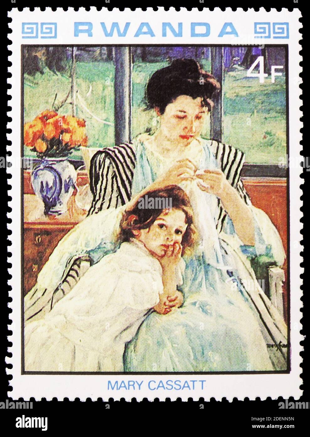 MOSKAU, RUSSLAND - 28. JUNI 2020: Briefmarke gedruckt in Ruanda zeigt Mary Cassatt, französische impressionistische Malereiserie, um 1980 Stockfoto