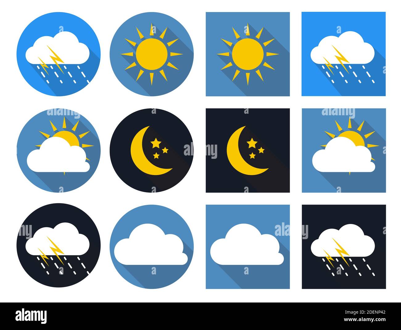 Wettersymbole mit Sonne, Wolke, Regen und Mond im flachen Stil mit langen Schatten Stockfoto
