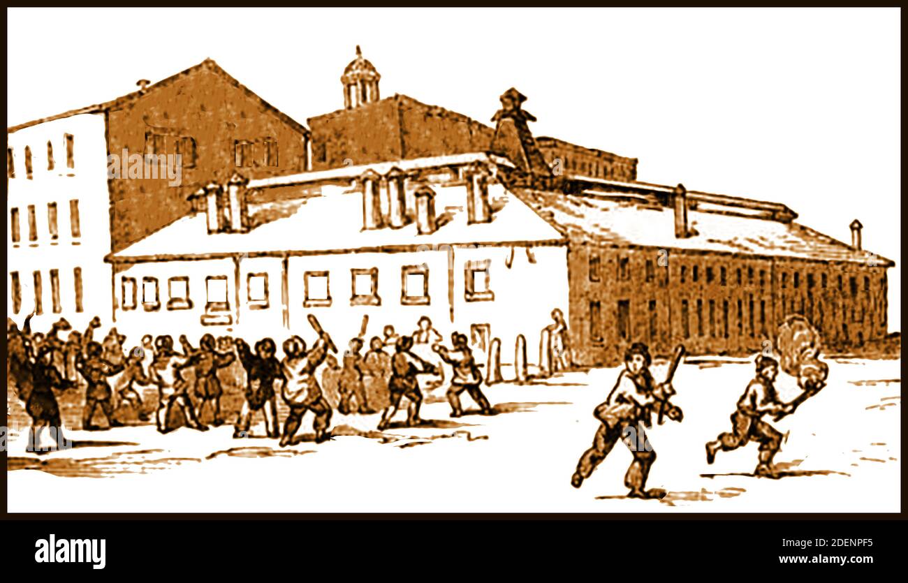GENERALSTREIK 1842 - Salford-Unruhen - Front of Wilson's Mill. Diese Krawalle waren Teil einer nationalen Bewegung in England, als Arbeiten aus Industriegebieten gegen Lohnkürzungen protestierten und Forderungen nach einer Volkscharta stellten. Stockfoto