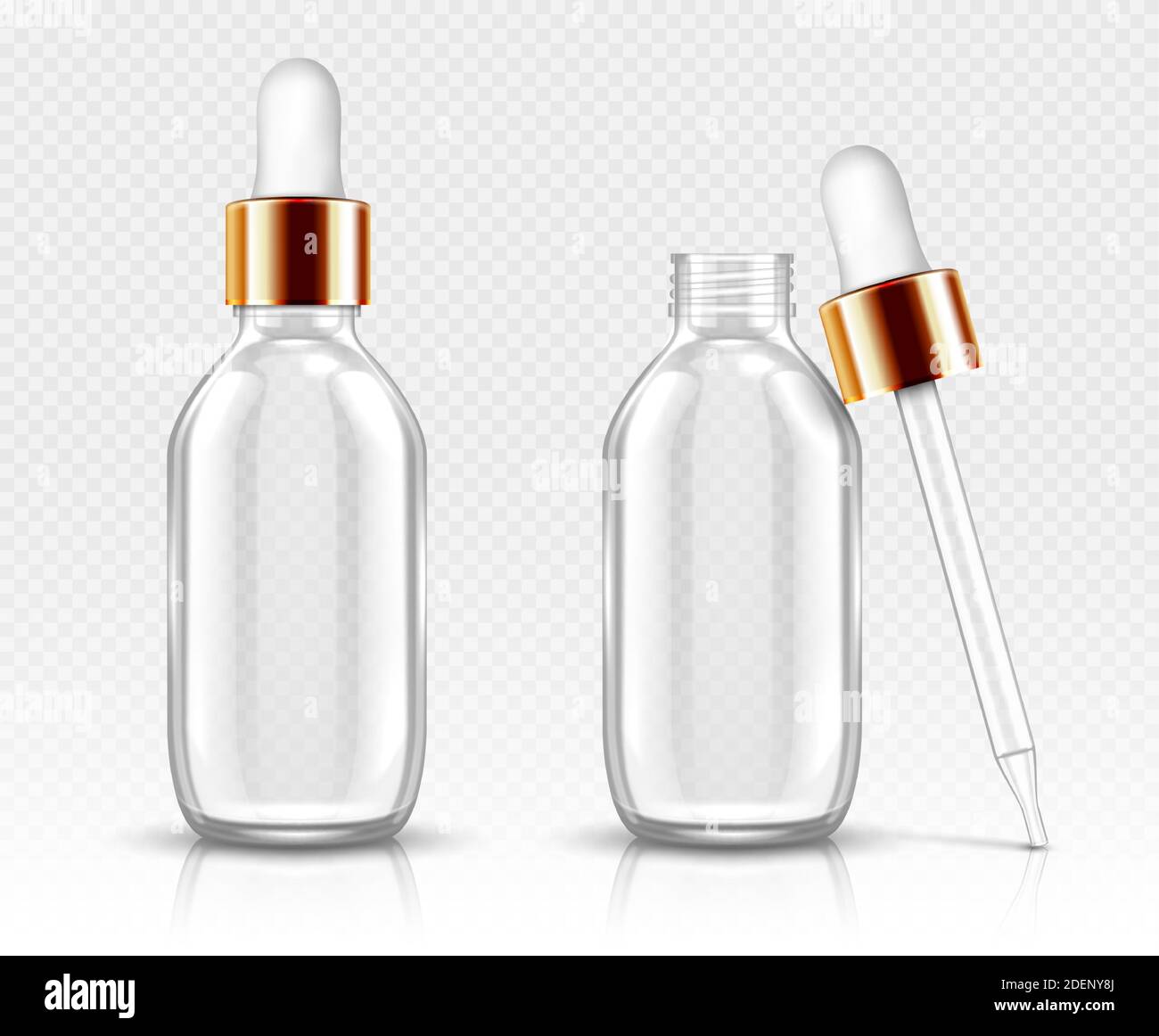 Realistische Glasflaschen mit Tropf für Serum oder Öl. Kosmetische Flasche oder Fläschchen für Bio-Aroma Essenz, Anti-Aging essentielles Kollagen für die Schönheitspflege, isolierte transparente Flakon 3d-Vektor-Mock up Stock Vektor