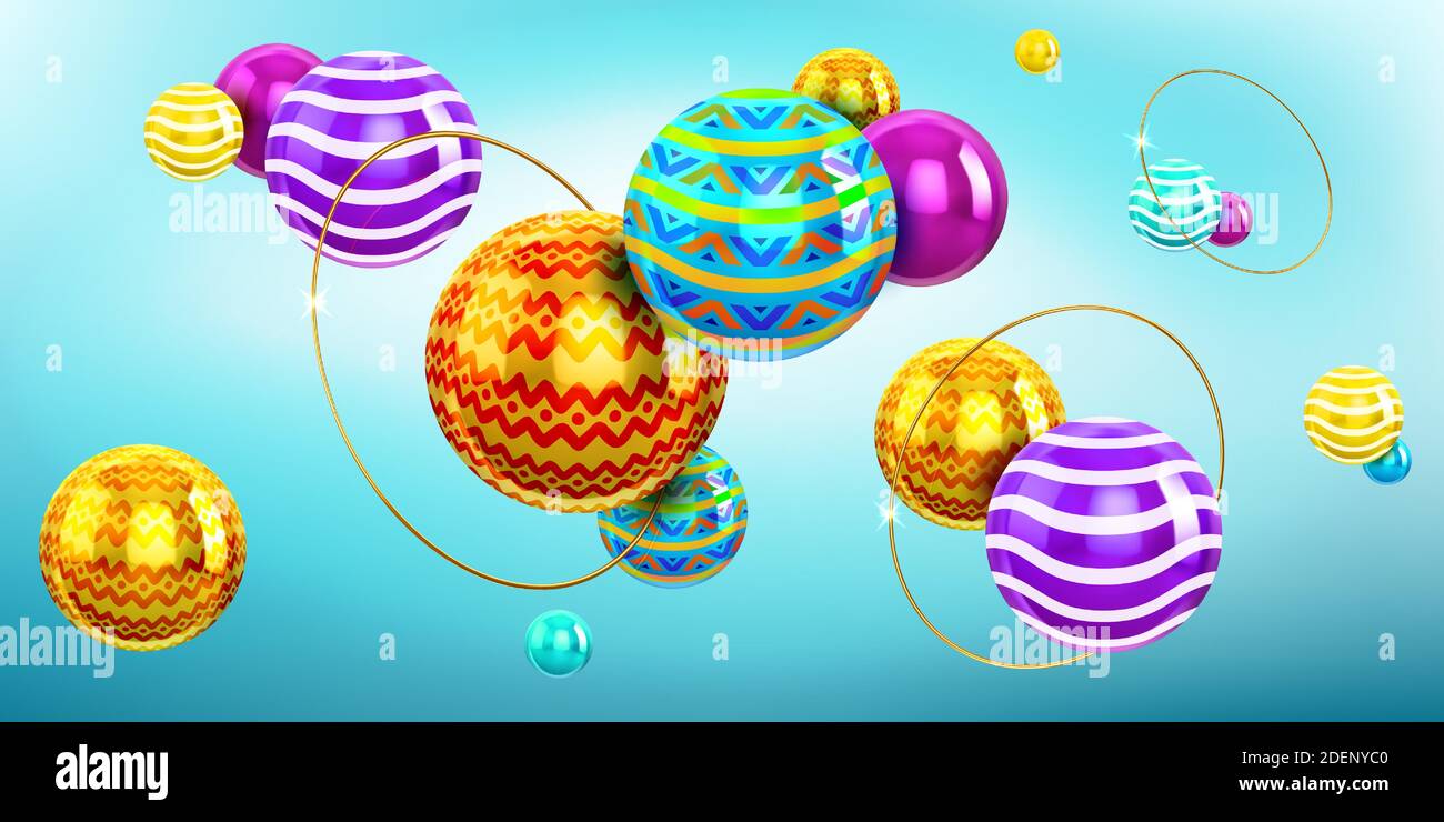 Abstrakter Hintergrund mit 3d Kugeln und goldenen Ringen. Vektor holographische Zusammensetzung von Kugeln mit Farbmuster und Ornament und goldenen Ringen. Moderne kreative geometrische Tapete Stock Vektor