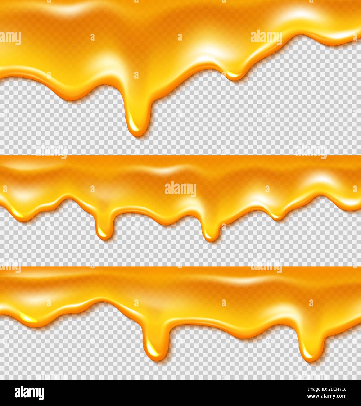 Tropfender Gold flüssiger Honig Grenzen isoliert auf transparentem Hintergrund. Vector realistische Set von Sirup fließen mit Tropfen, Öl, klebrige Karamell oder süße Orange Creme Stock Vektor
