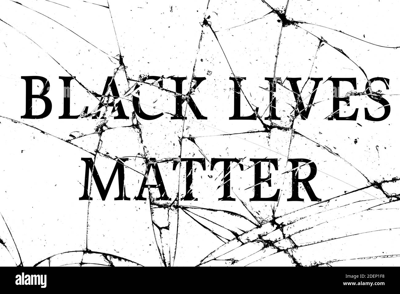 Zerbrochenes Glas mit Rissen mit der Aufschrift schwarz lebende Materie Stockfoto