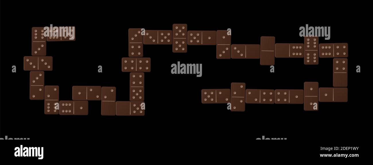 Domino Linie nach dem fertigen Spiel, komplettes Spielset mit 28 dunkelbraunen Holzfliesen - Abbildung auf schwarzem Hintergrund. Stockfoto
