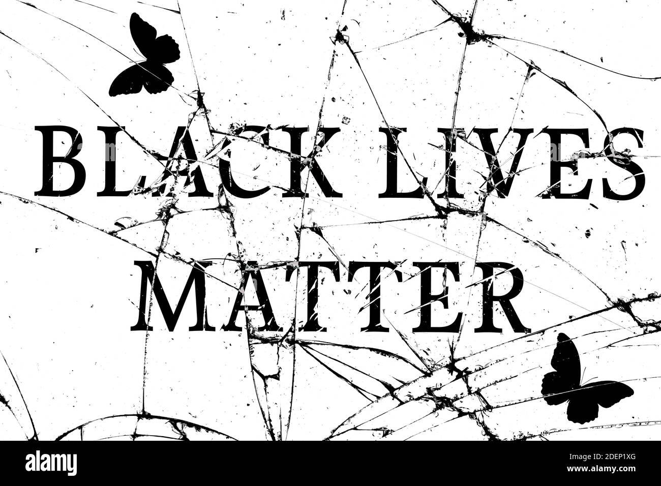 Zerbrochenes Glas mit Rissen mit der Aufschrift schwarz lebende Materie Stockfoto