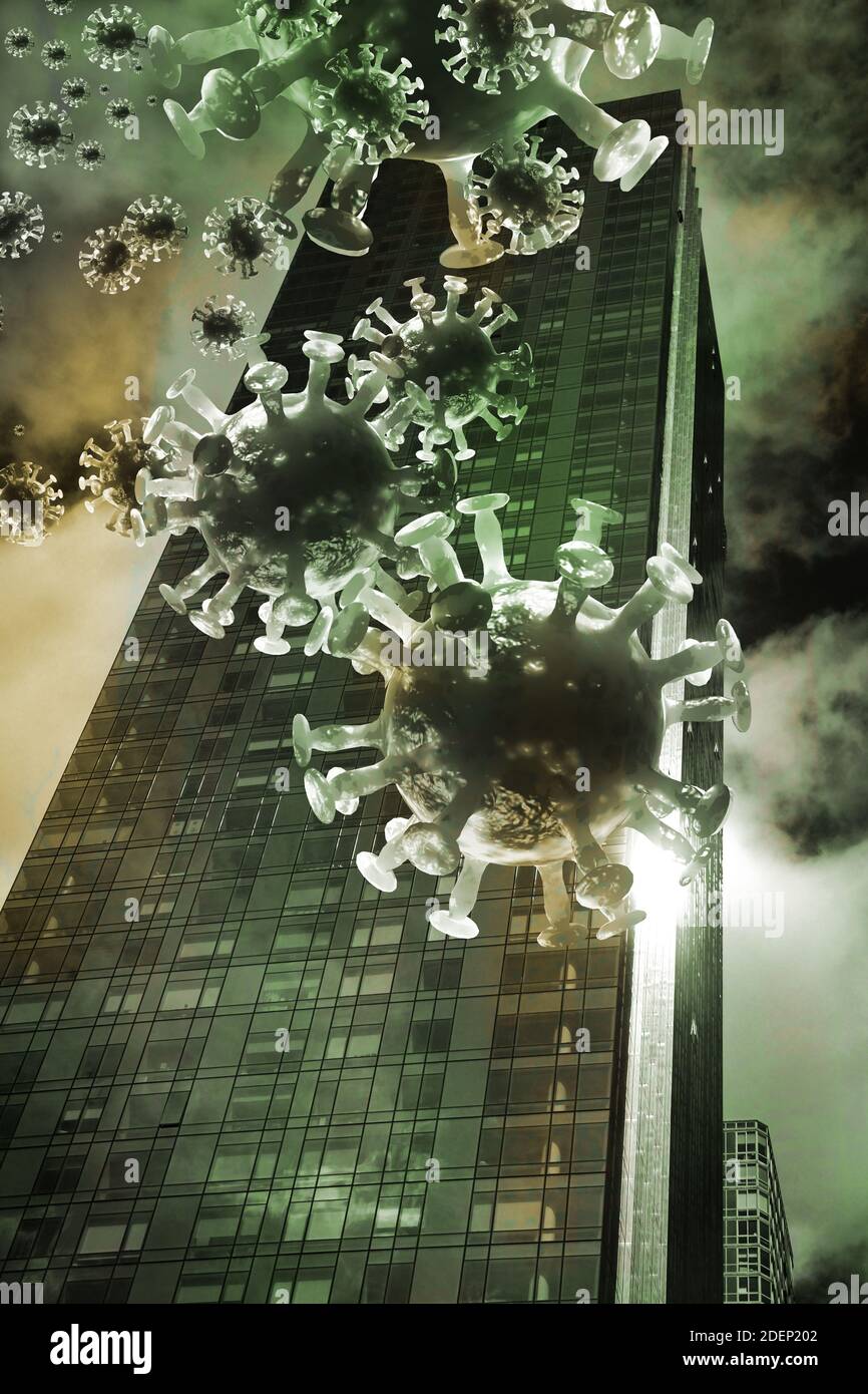 Hohe Gebäude mit Coronavirus regnet vom Himmel wie Eine Alien-Invasion Stockfoto