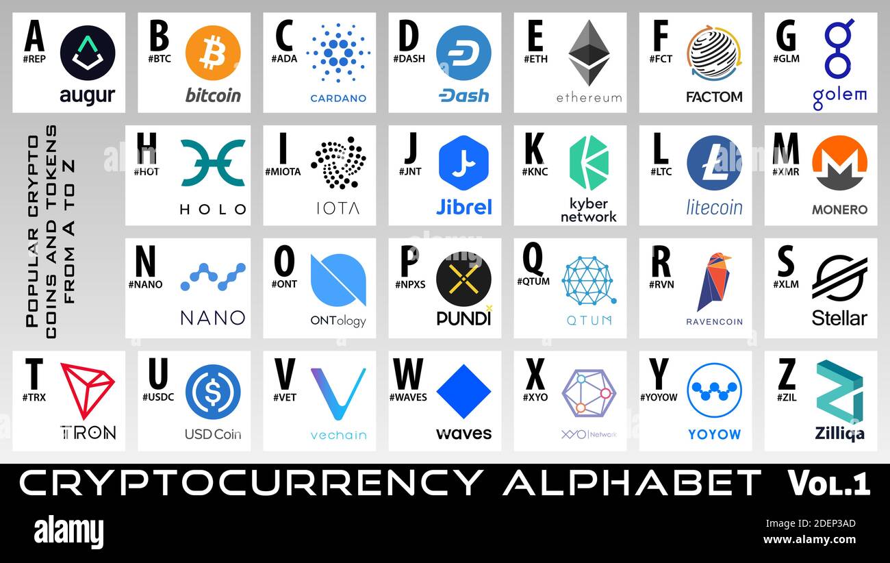 Kryptowährung Alphabet. Vol.1. Satz von Krypto-Münzen und Token Logos von A  bis z. Vektor Bitcoin und Altcoins Zeichen Sammlung Stock-Vektorgrafik -  Alamy