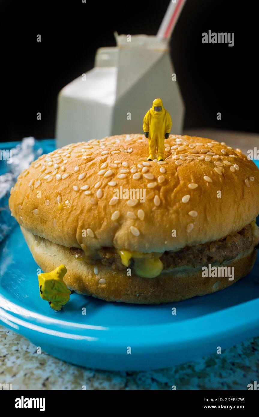 Miniatur Hazmat Team Inspektion Der Nahrwert Der Ungesunde Fast Food Schule Mittagessen Stockfotografie Alamy