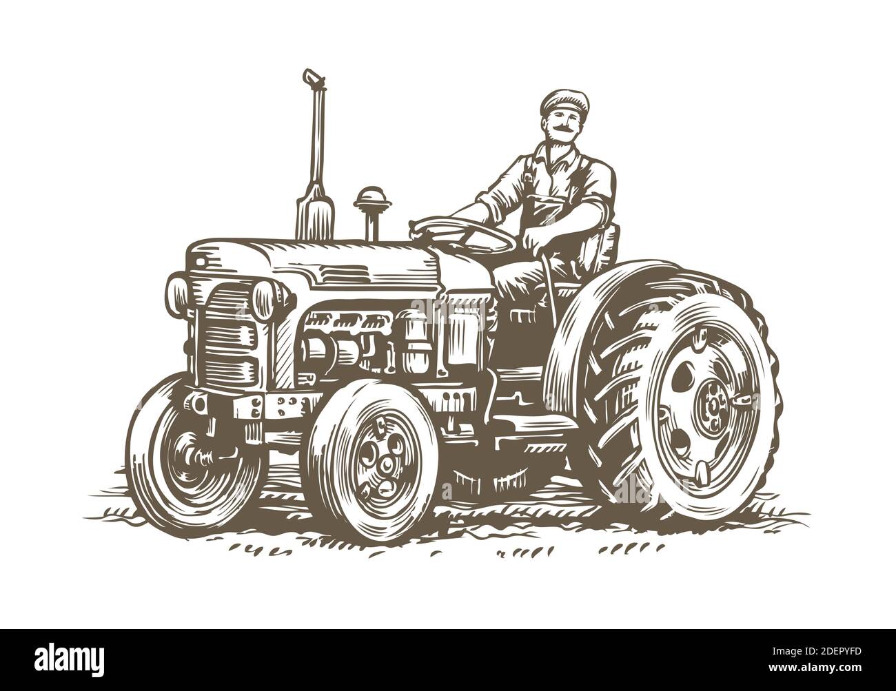 Retro-Skizze für Traktor auf dem Bauernhof. Landwirtschaftliche Maschinen vintage Vektor Illustration Stock Vektor