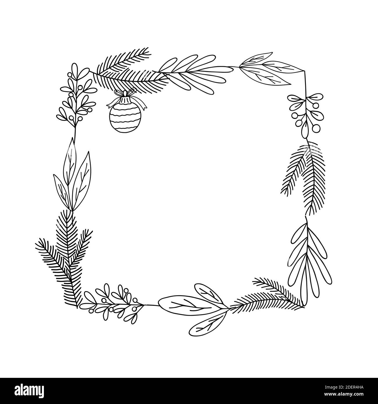Weihnachten Zweige einfache Umriss Vektor minimalistische Illustration quadratischen Rahmen, dünne Linie Hand gezeichnet florale Elemente für Einladungen, Grußkarten, w Stock-Vektorgrafik