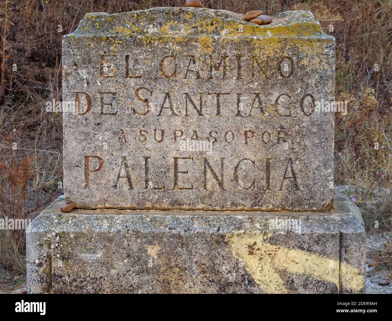 "Der Weg von Santiago, wie er durch Palencia geht" an der Grenze der Provinzen Palencia und Leon - San Nicolas del Real Camino, Spanien Stockfoto