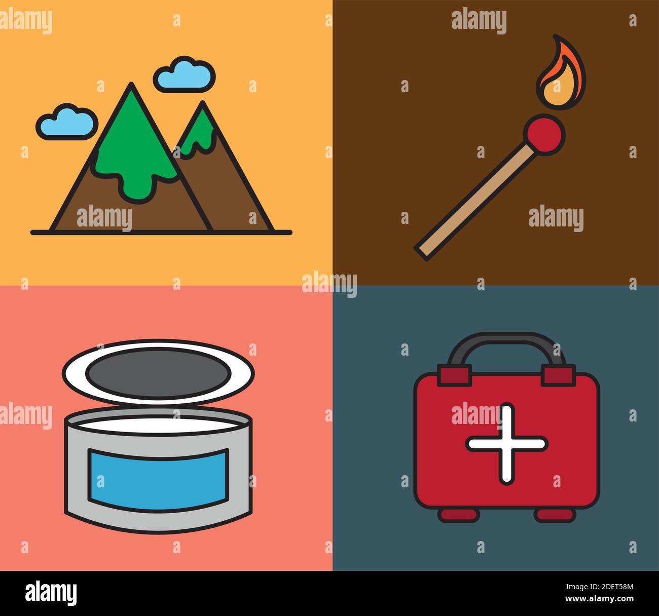 Bündel von vier Camping-Set-Linie und füllen Symbole Stock Vektor