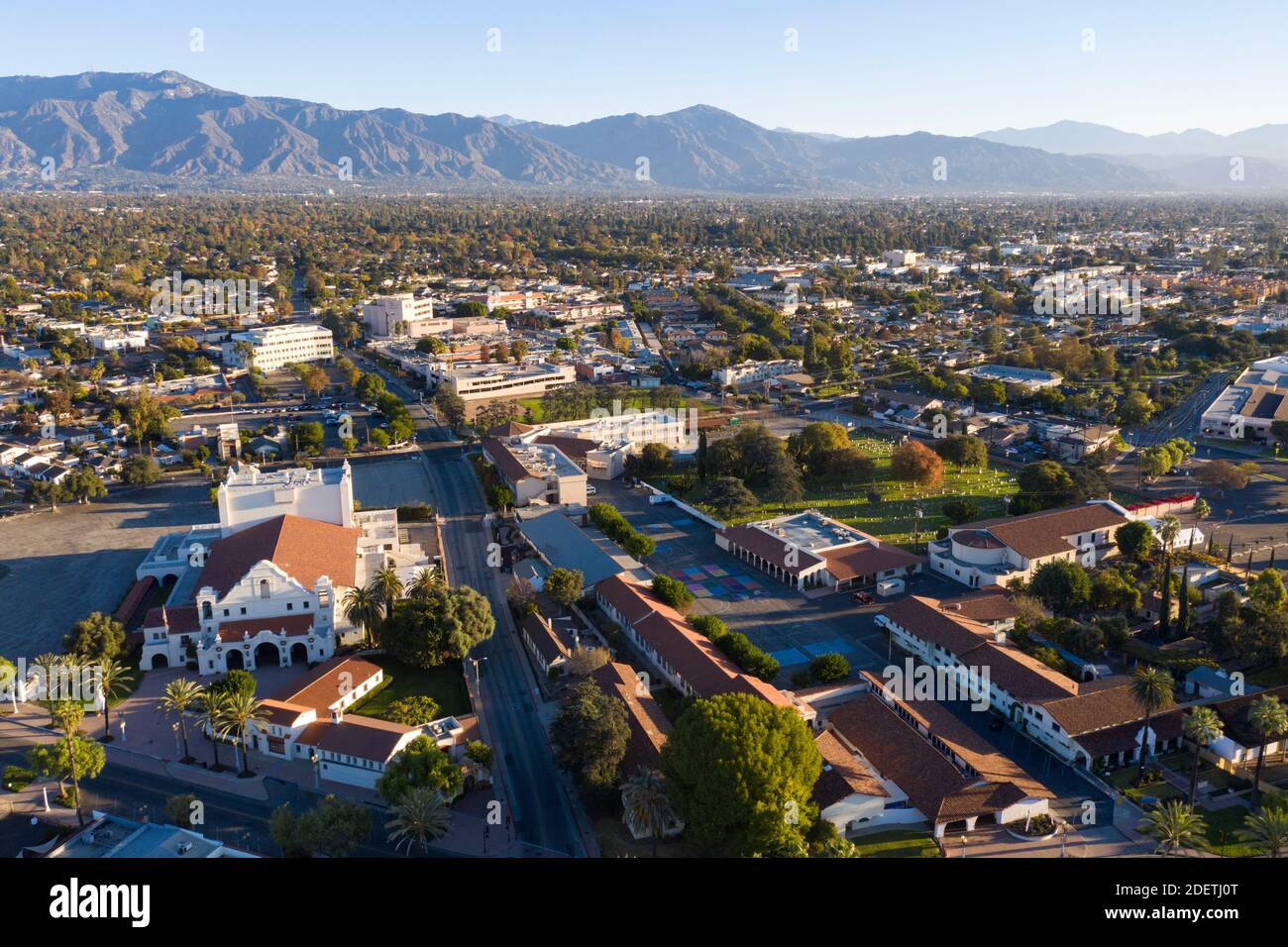 Luftaufnahme der historischen Mission San Gabriel in Kalifornien Stockfoto